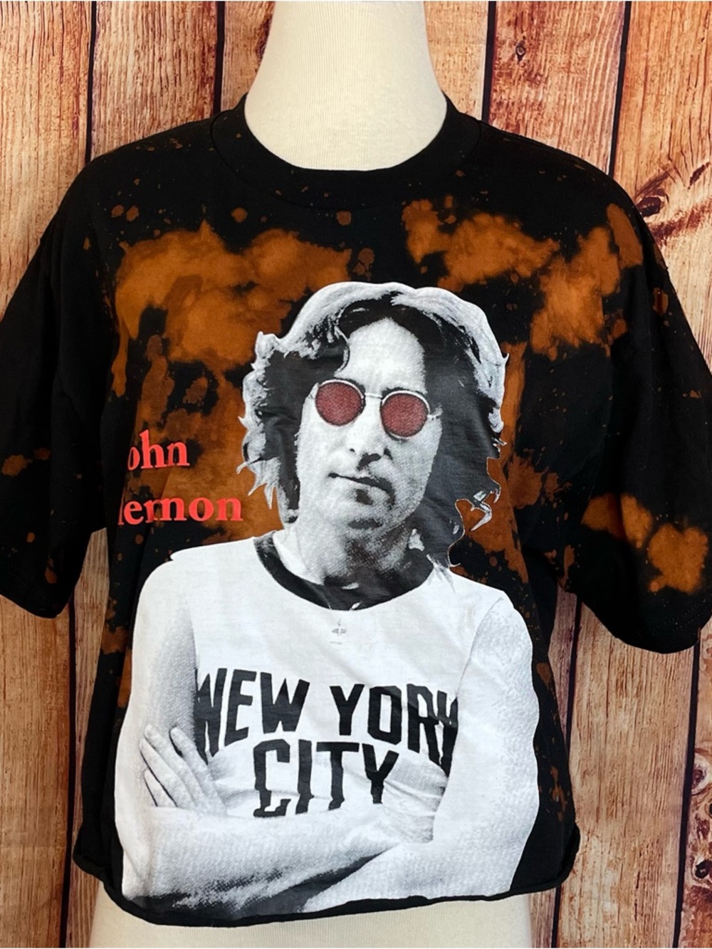 Graphic John Lennon 'New York City' Bleached Cropped Tee Raw Cut Hem One Size